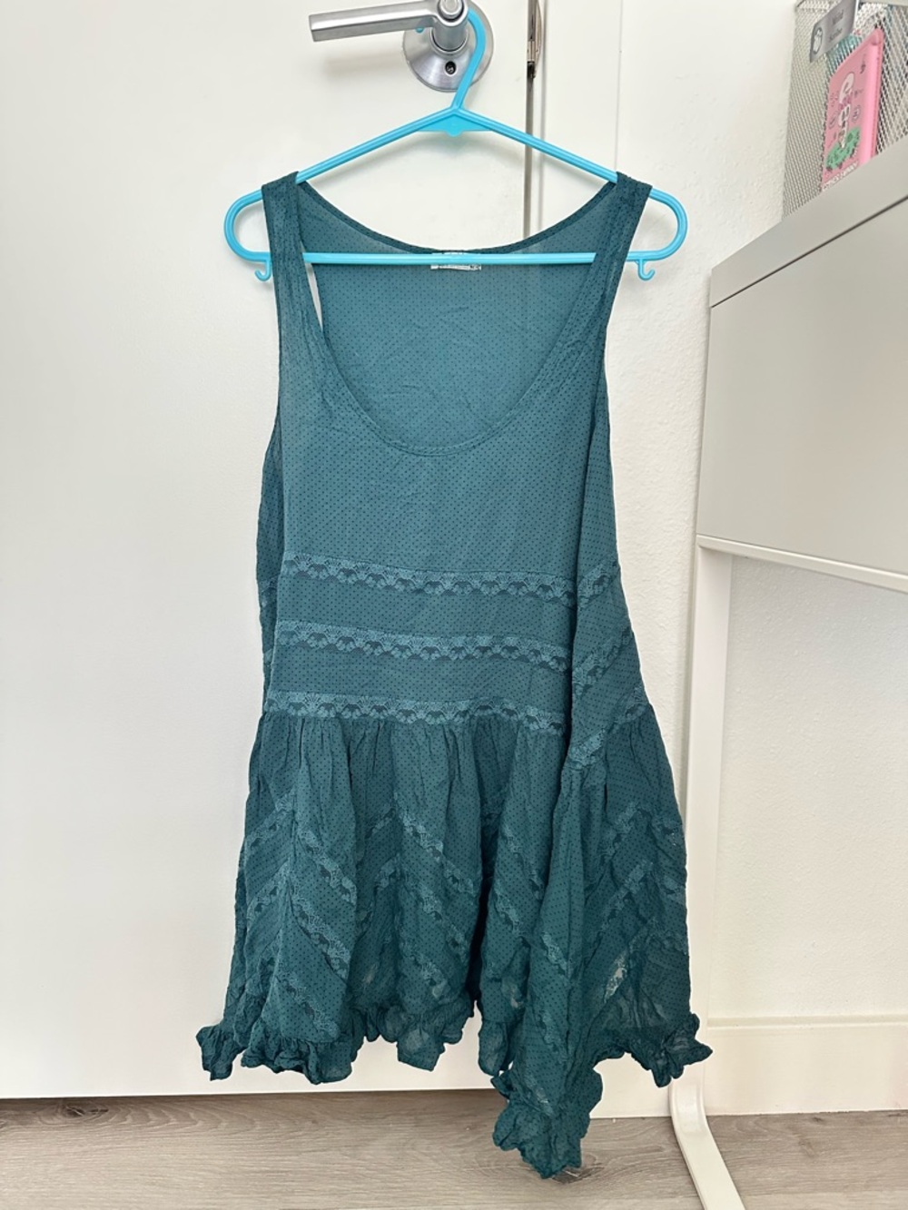 Free People Teal Dot-Textured Scoop Neck Top